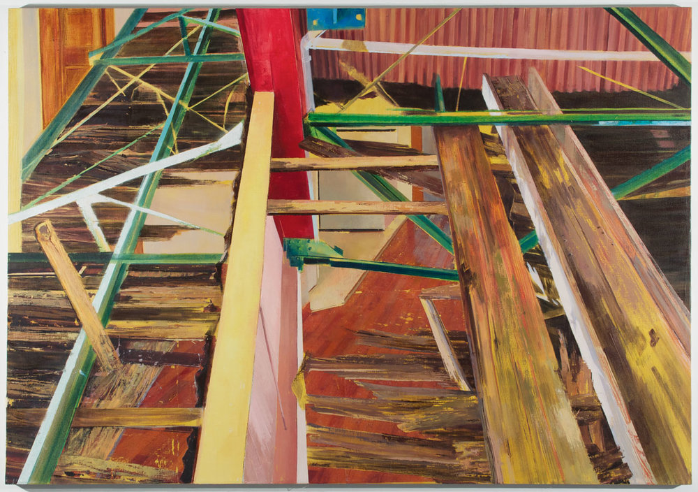   Streetcar Rafters on Newel , 2013 Oil, acrylic, and gesso transfer on linen, 50 x 70 in 