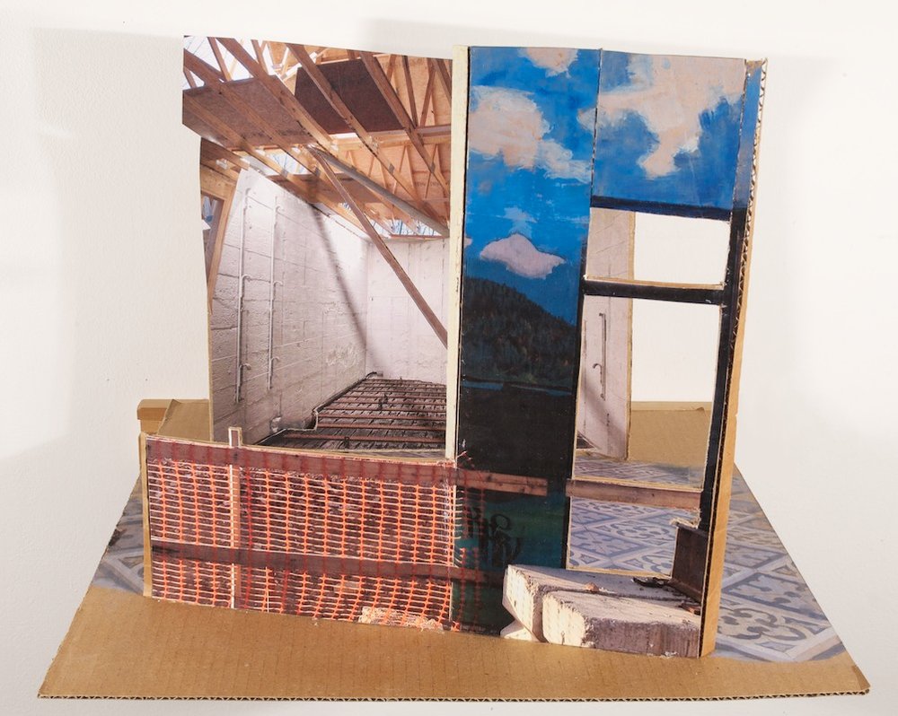   Between Baltimore and Normandy , 2013 oil &amp; collage on cardboard 13 ¾ x 10 x 12 in 