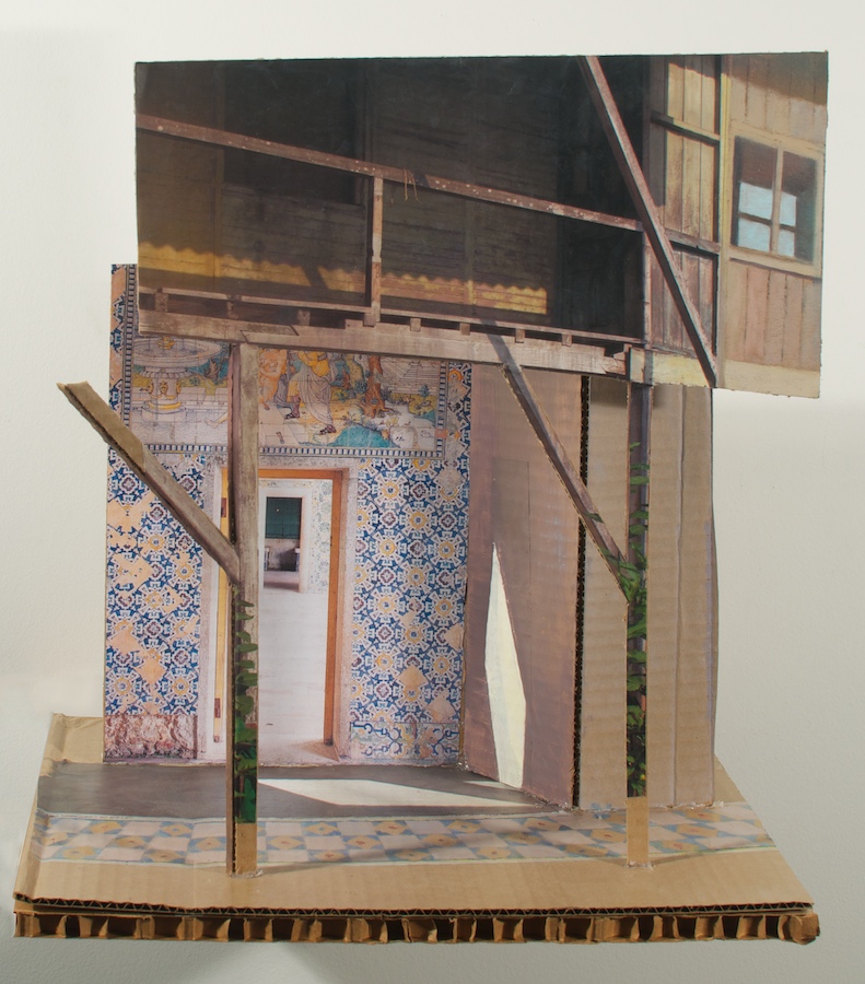   Balustrade over Azulejos , 2013 oil &amp; collage on cardboard 15 x 14 ½ x 11 in 