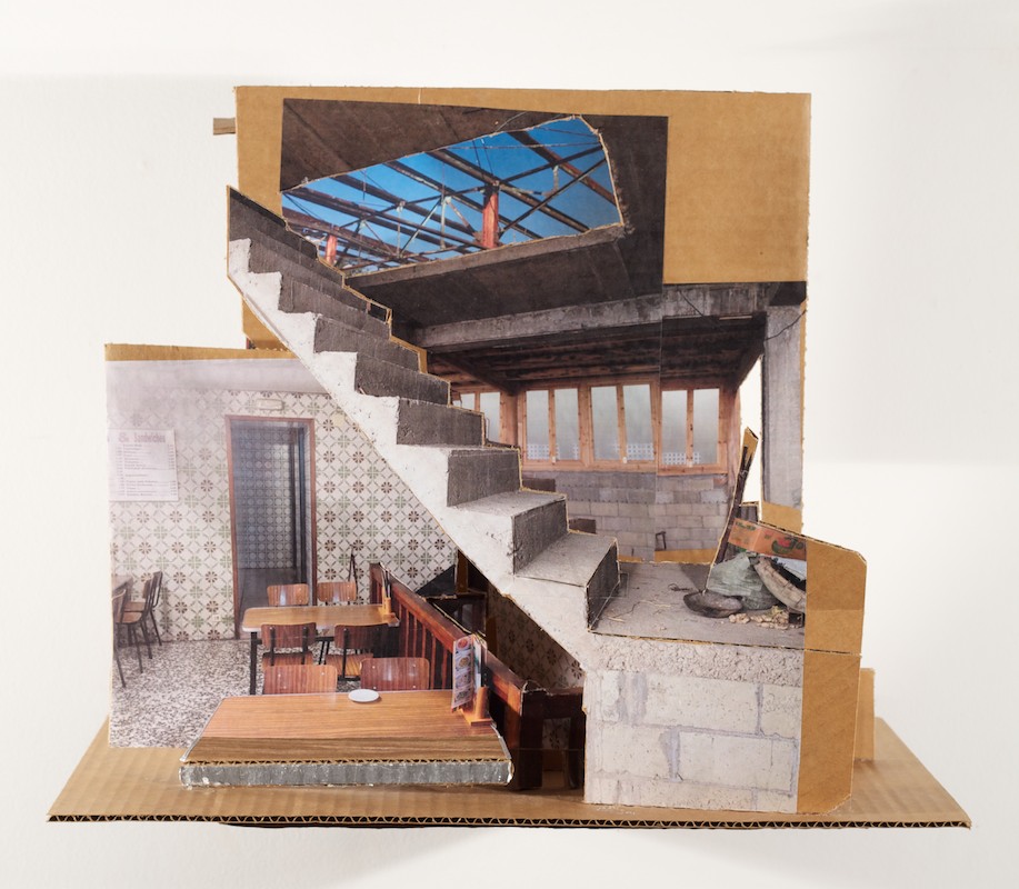   In the Meantime , 2014 collage on cardboard 20 x 17 ½ x 8 in 